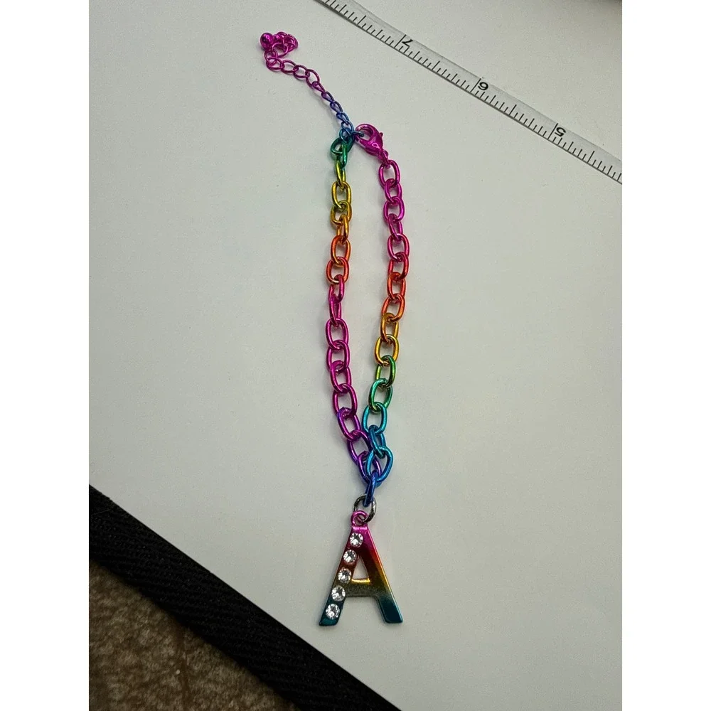 Rainbow Ombre Initial A Charm Bracelet Rhinestone Kids Jewelry Adjustable Chain